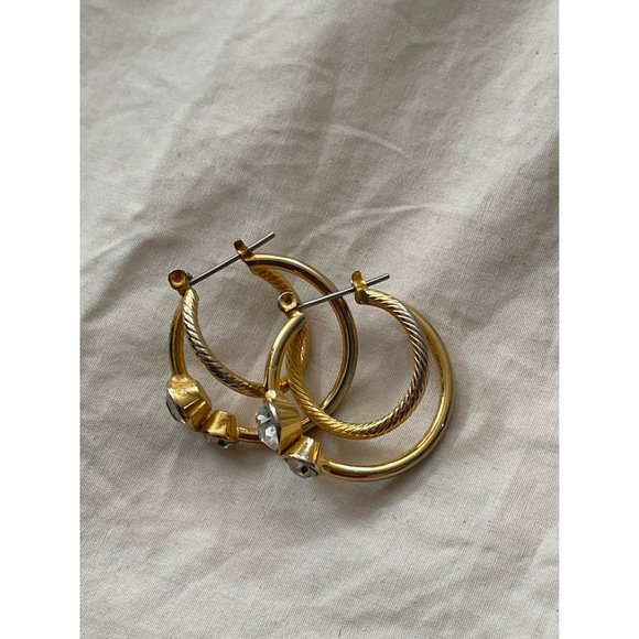 Vintage Double Hoop Vintage Look Gold / Silver Tone Rhinestone Pierced Earrings - Picture 10 of 12